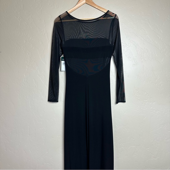 Lauren Ralph Lauren Black Illusion Mesh Ruched Jersey Gown Long Sleeve Size 8 - Picture 4 of 6